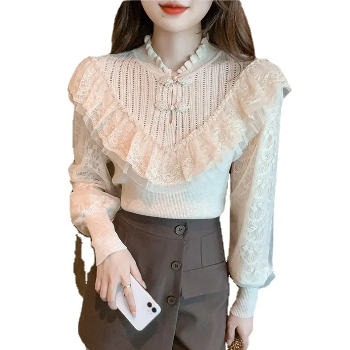 

Elegant Women Ruffles Sweaters Full Sleeve Knitted Pullovers Women Hollow Out Lace Sleeve Sweaters Tops