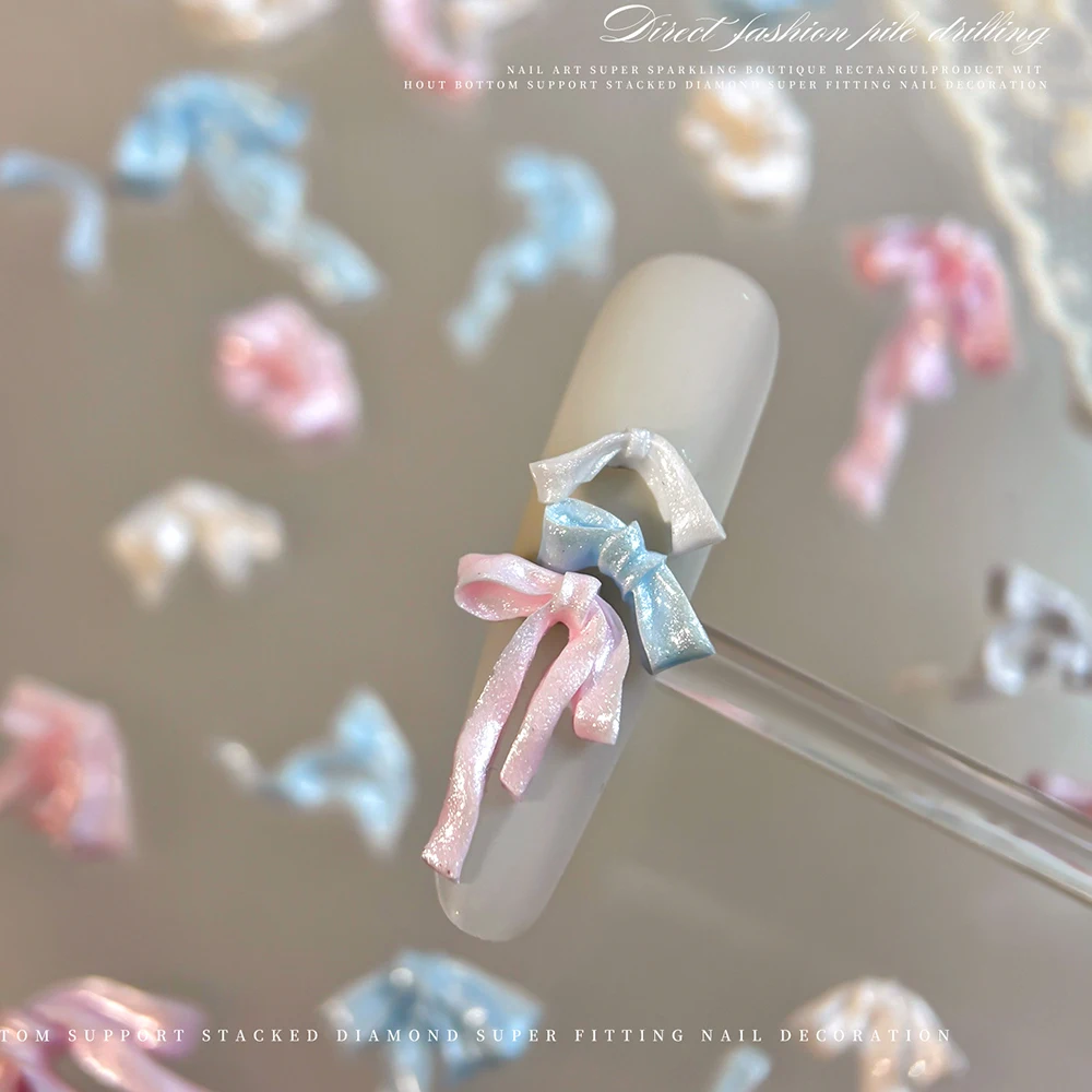 50Pcs Pearlesent Soft Craving Bow Nail Art Charms Mixed Color Bowknot Ribbon Nail Art Rhinestones DIY Craft Manicure Decorations