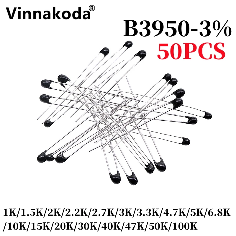 Resistenza termica a termistore NTC da 50 pezzi MF52A 1K/1.5K/2K/2.2K/2.7K/3K/3.3K/4.7K/5K/6.8K/10K/15K/20K/30K/40K/47K/50K/100K B3950-3 %