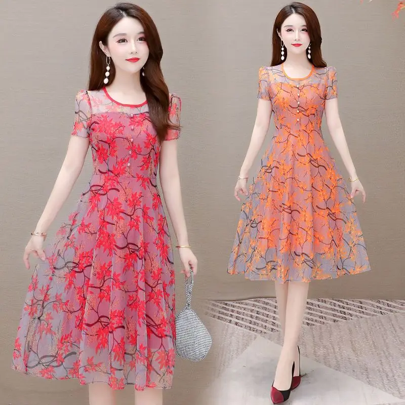 

Elegant Evening Dress Luxury 2024 New Women's Summer O-neck Short Sleeve Flower Mesh Embroidered Vintage Long Dress L98