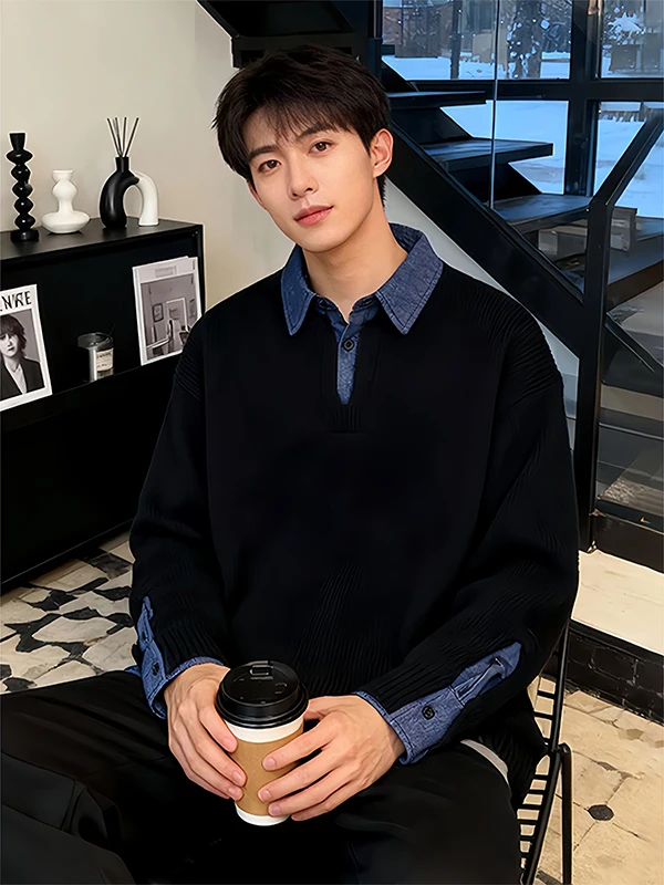 

Bla irt Collar Knitted Sweater Men's Sle Lazy Sle Base Layer irt Inner Wear Woolen Sweater Fake Two-Piece Design