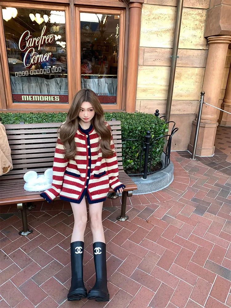 

Красный полосатый свитер-кардиган женский, свободного кроя, с длинными рукавами, укороченный, на пуговицах, для встреч и праздников, новинка Coolline