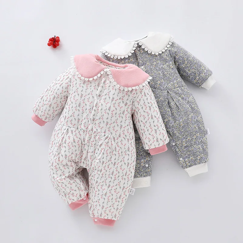 

Infants and Toddlers Padded Thickened Jacket Cotton Jumpsuit Fall and Winter Cotton Clothing Baby Full Flower Crawling Clothes