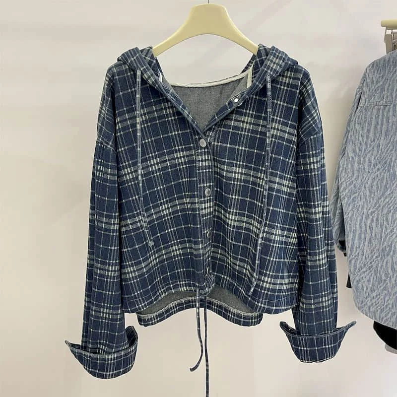 

Куртки-рубашки для женщин, винтажные свободные кардиганы в корейском стиле с воротником-поло и капюшоном на шнурке, рабочая одежда с длинными рукавами, пальто, женские топы