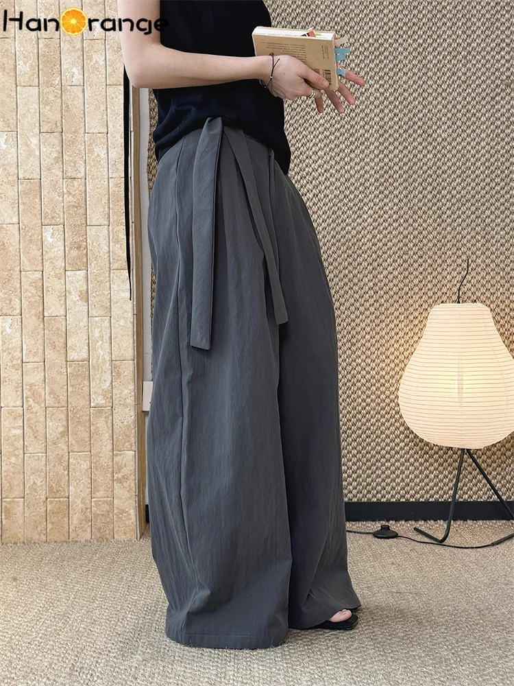 HanOrange 2026 Summer Lazy Fashion Side Tied Micro Pleated Pants Women Loose Silhouette Trousers White/Light Gray/Dark Gray