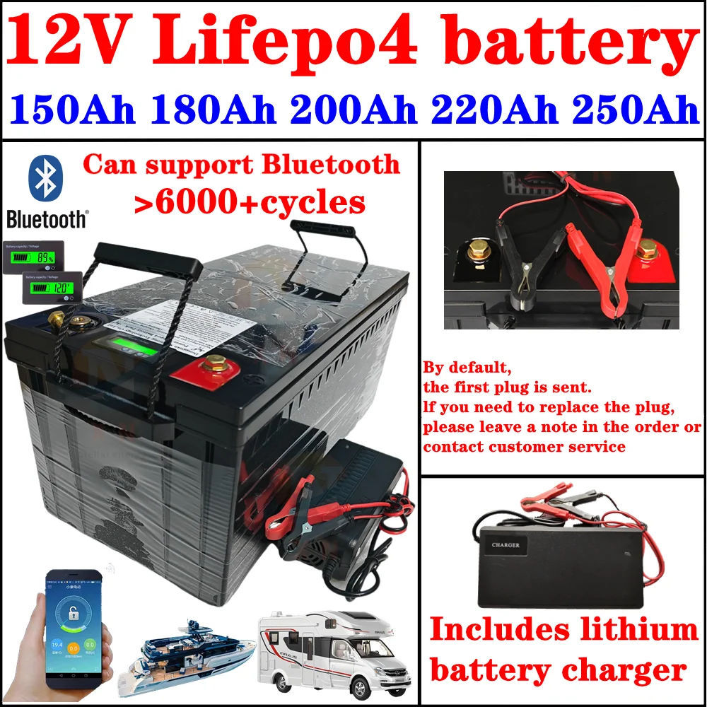 Rechargable 12V 150Ah 180Ah 200Ah 220Ah 250Ah Lifepo4 Battery with Bluetooth BMS for 2KW Trolling Motor Solar Panel Inverter
