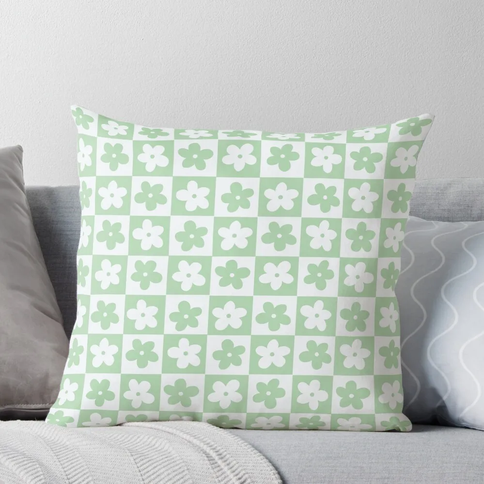 

Light Pastel Green and White Checkered Squares with Flowers Throw Pillow Sofa Cushion pillowcases for sofa cushions