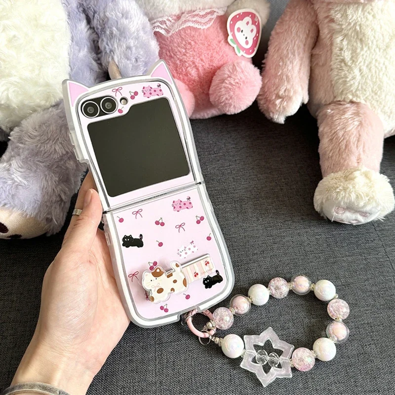 جراب هاتف وردي لطيف من القط الكرز ، غطاء خلفي واقي ، Samsung Galaxy Z Flip 6 ، 5 ، 4 ، 3 ، ZFlip4 ، ZFlip5 ، ZFlip6