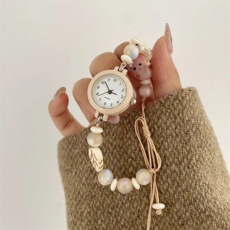 Cream Starfish Bead Bracelet Watch Women Quartz Gentle Pink Adjustable Woven Band Student Wristwatch Reloj Mujer Relojes