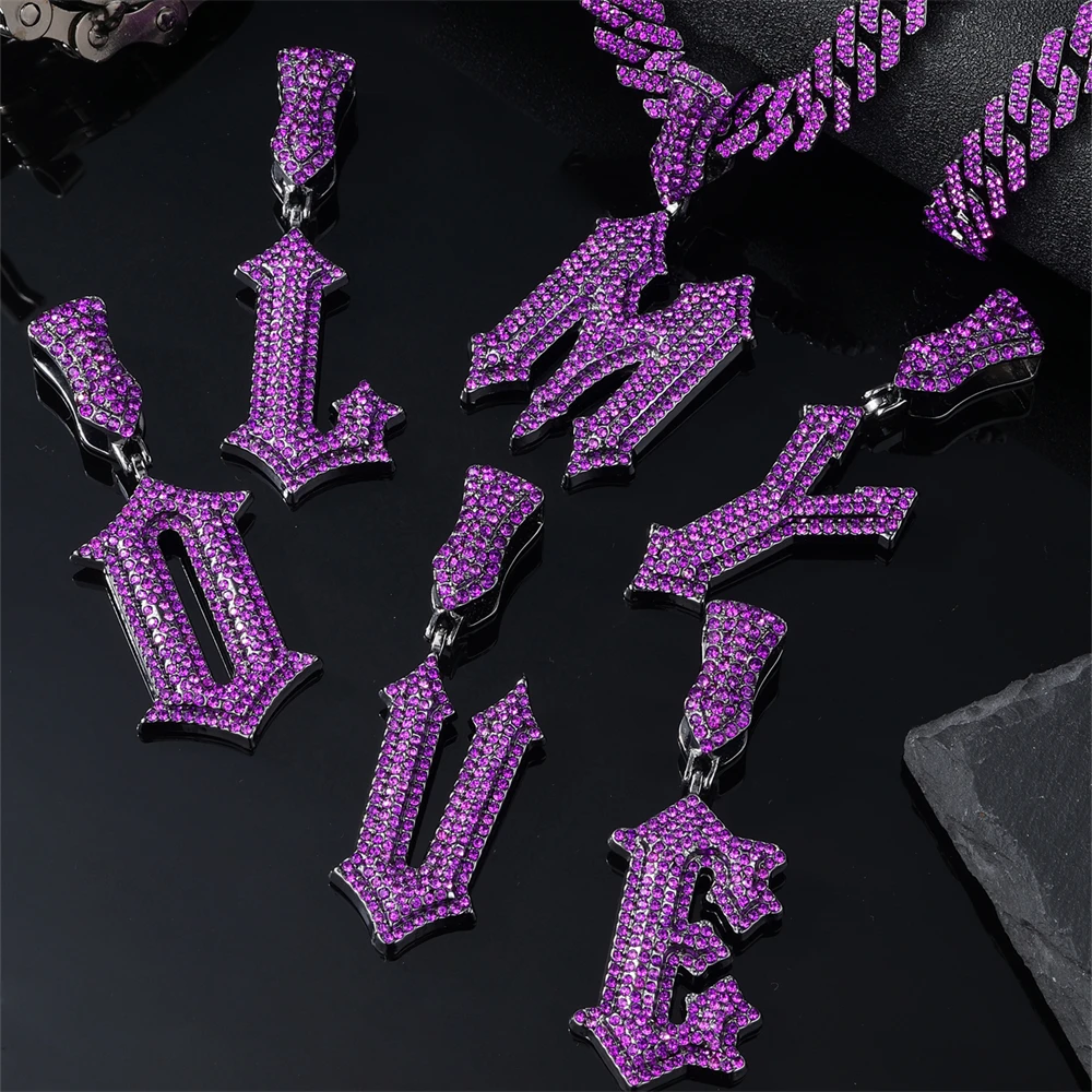 Hip Hop Full 12MM Purple Iced Out Letters Necklaces  Iced Out Cross Sword Letters Necklace & Pendant For Men Women Jewelry