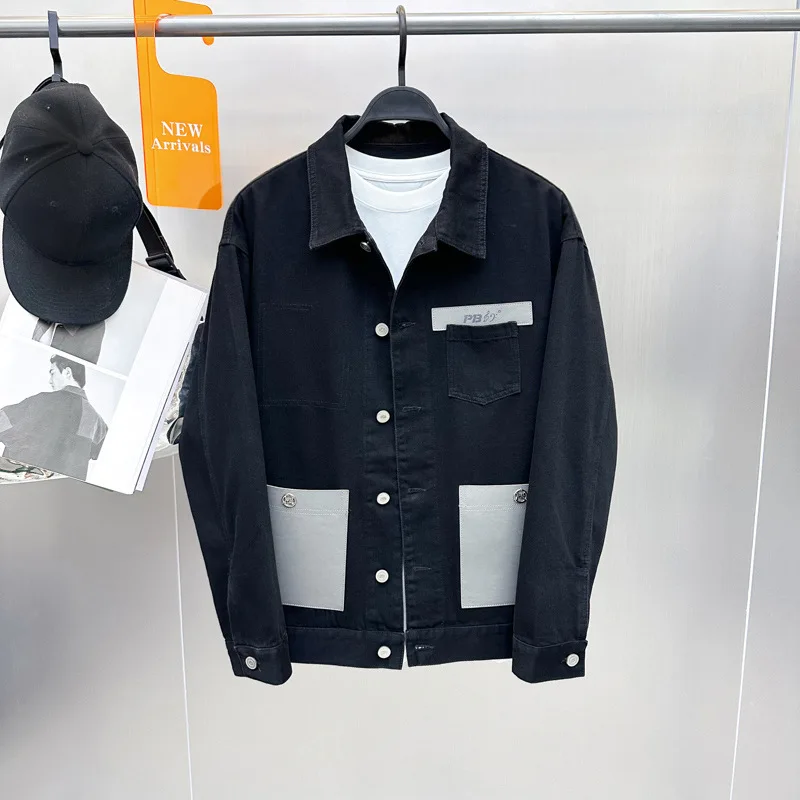 

Повседневная модная джинсовая куртка с воротником и вставками в стиле пэчворк, весенне-осенняя мужская одежда, молодежная трендовая верхняя одежда свободного кроя с прямым подолом