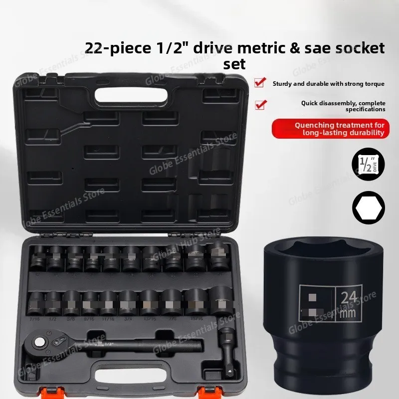 22PCS Metric/Imperial Hex Socket Set - Heavy-Duty for Mini Air Impact and Electric Wrenches | Auto Repair Screw Removal
