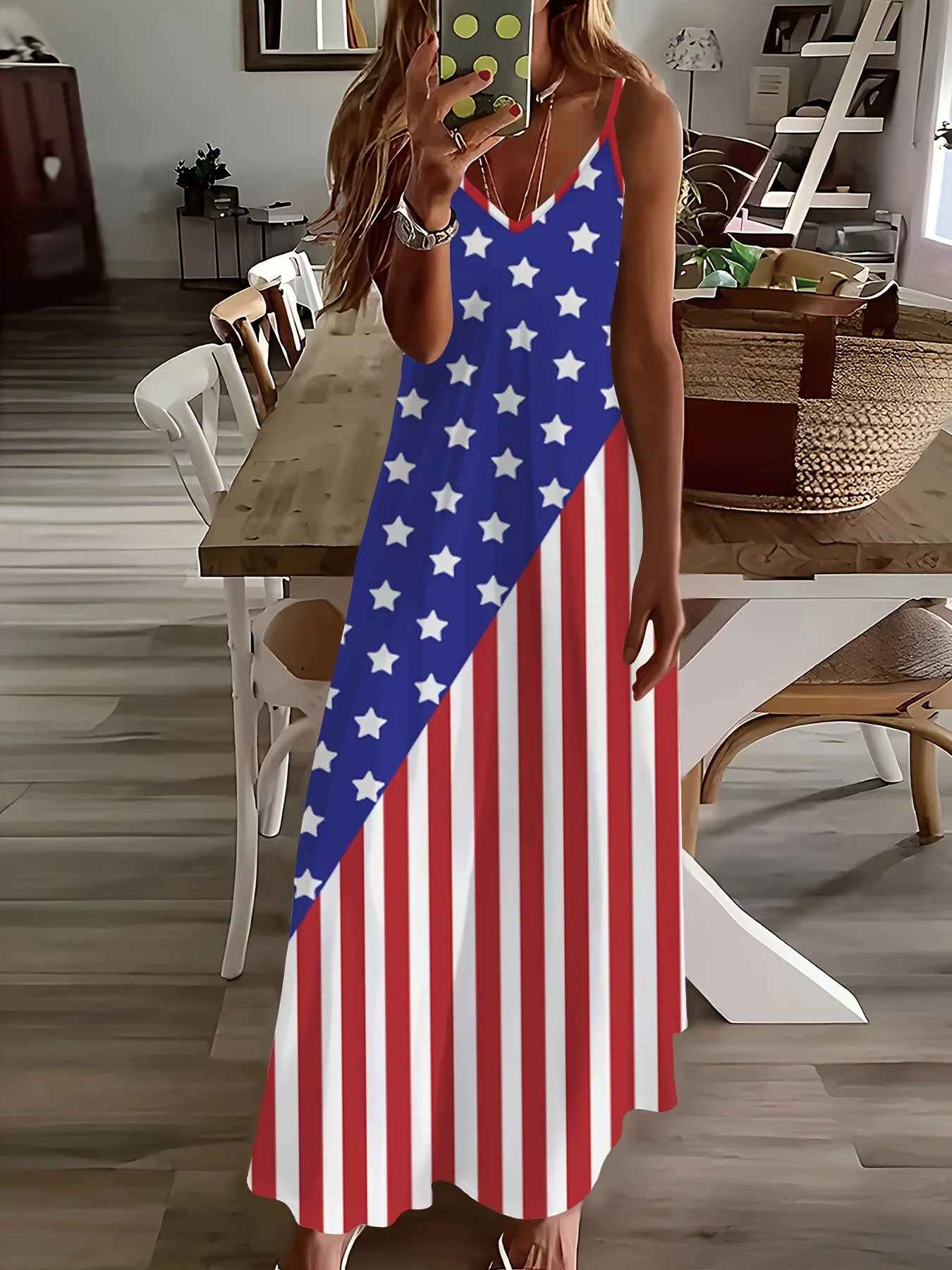 Sommerkleid mit USA-Flaggendruck, Langarm, Urlaubsstil, Elegantes V-Ausschnitt A-Linien-Kleid, Lässiges Party-Outfit, Damenmode 2024