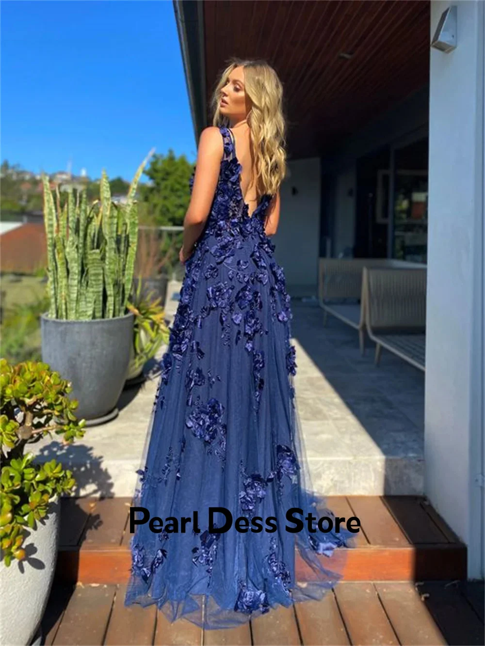 2024 Deep Blue 3D Lace Evening Dress Women's V-neck Tulle Robe De Soiree Sleeveless Vestidos De Festa