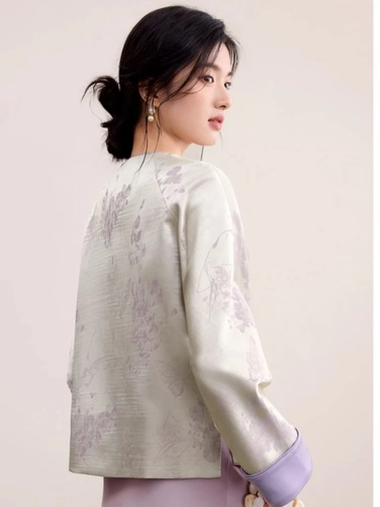 SENTUBILA Elegant Chinese Style Jackets For Women 2025 Autumn Luxury Loose Floral Print Coat Crew Neck Party Outerwear Q53WL3114