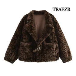 TRAF ZR Snow Parka Faux Fur Padded Coat Leopard Print Cropped Parkas Warm Woman Winter Coats Elegant Luxury Women's Coat