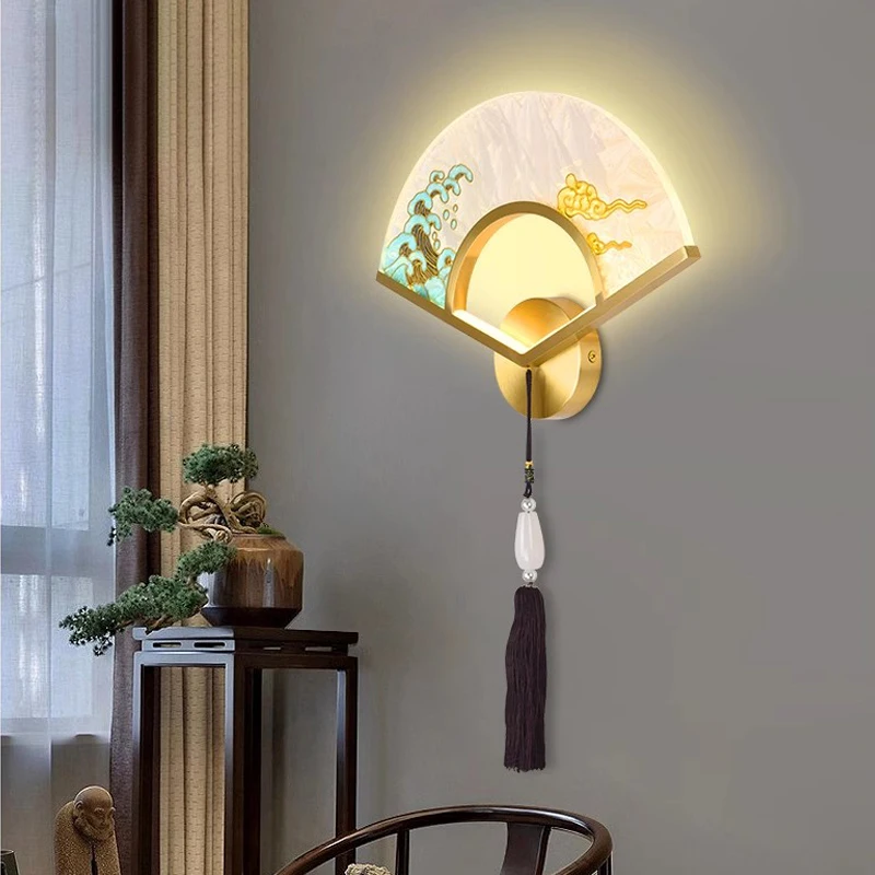 Chinese Style Copper Wall Light Hand-painted Enamel Fan Shape Decoration Wall Light Parlor Aisle Stair Bedroom Art Sconce Lamp