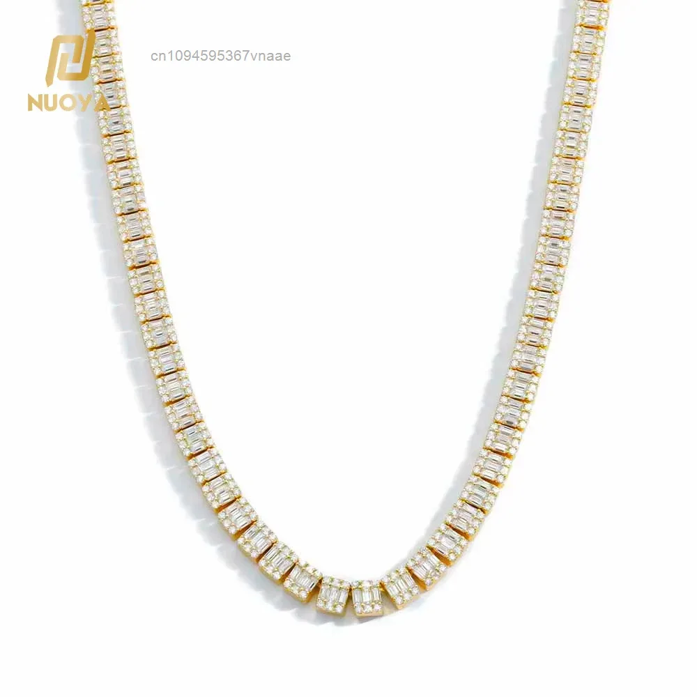 NUOYA 925 Silver Jewelry 7mm Square Diamond Clustered Tennis Chain Women'S Baguette Moissanite Cluster Tennis Chain Necklace..