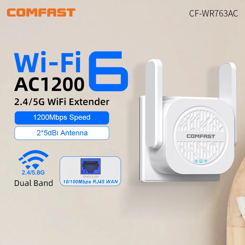 COMFAST 2.4G/5.8G 1200Mbps WiFi Extender Gigabit Wireless Repeater/Router/AP/Bridge Mode For Large House/Villa 2 * 5dBi