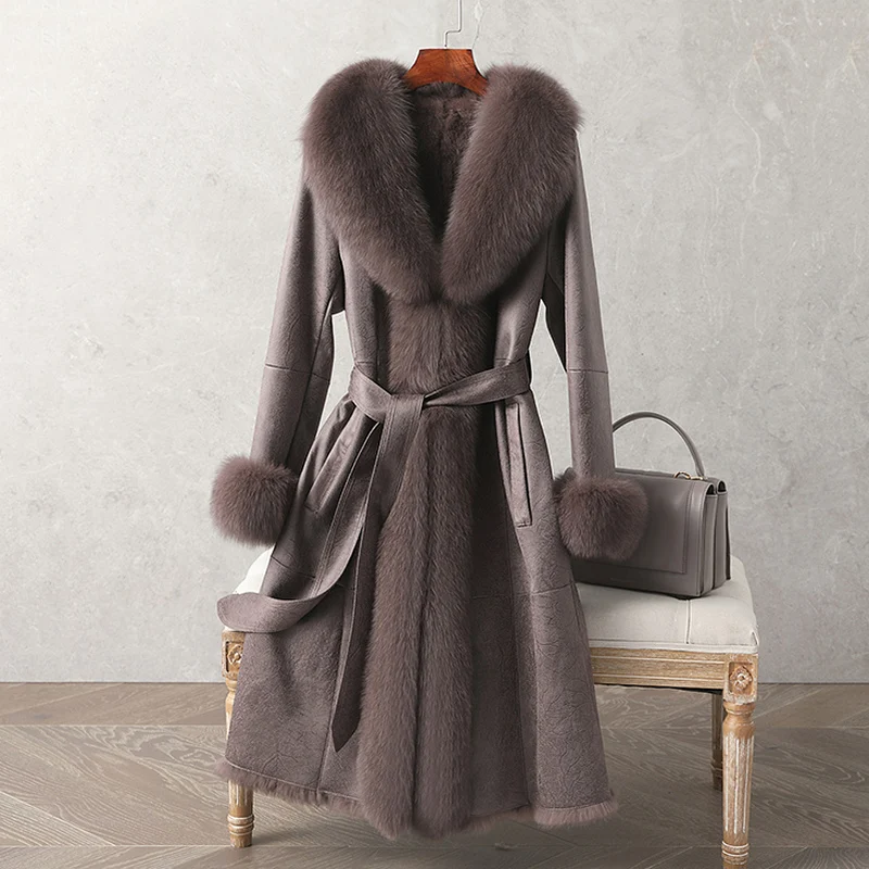 

2022 New Real Double Face Rabbit Fur Coat Women's Mid-Length Winter Close-Fitting Leather Fox Fur Collar Cuffs Fur Garments