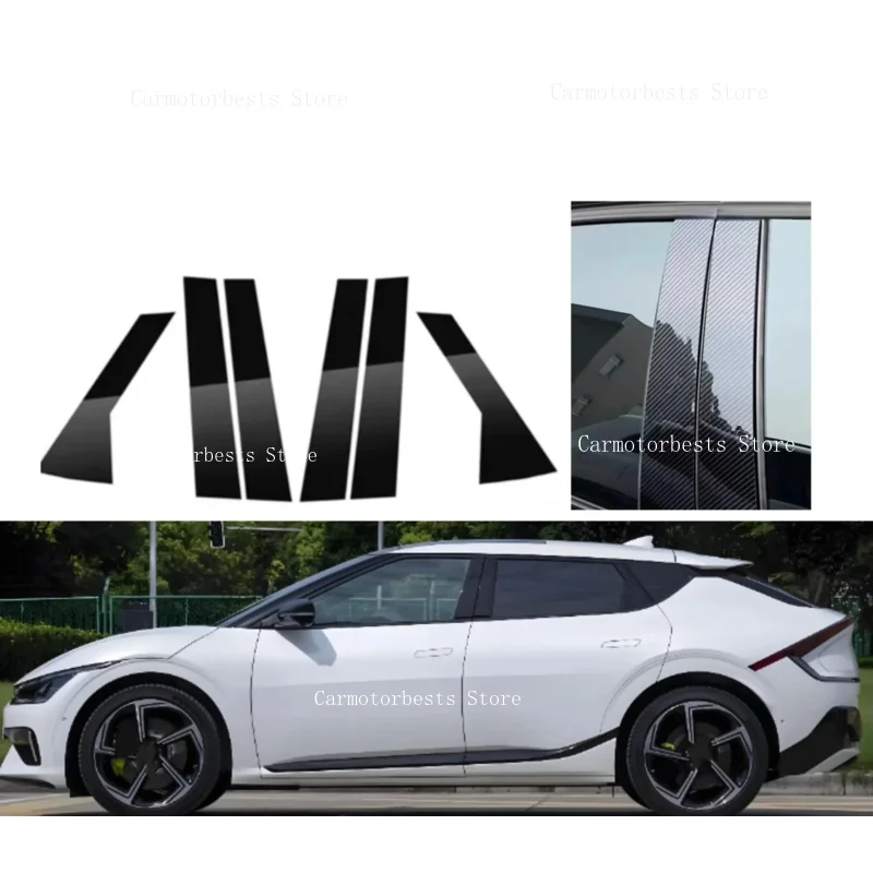 6pcs Glossy Black Window Door Deal B C Pillar Post Cover Sticker Fit For Kia EV6 GT-Line 2023-2025 2022 2024 Carbon Fiber