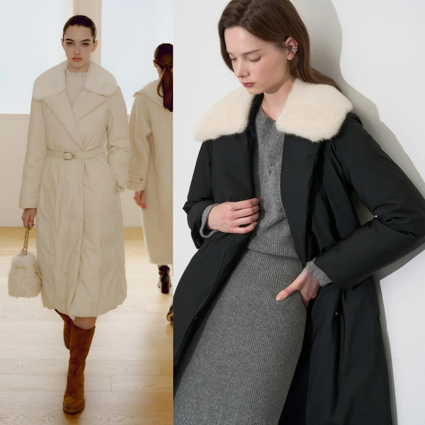 Detachable Fur Collar Windbreaker Sle Goose down Coat Stand Collar Waist Belt Commuter Versatile down Jaet Outerwear