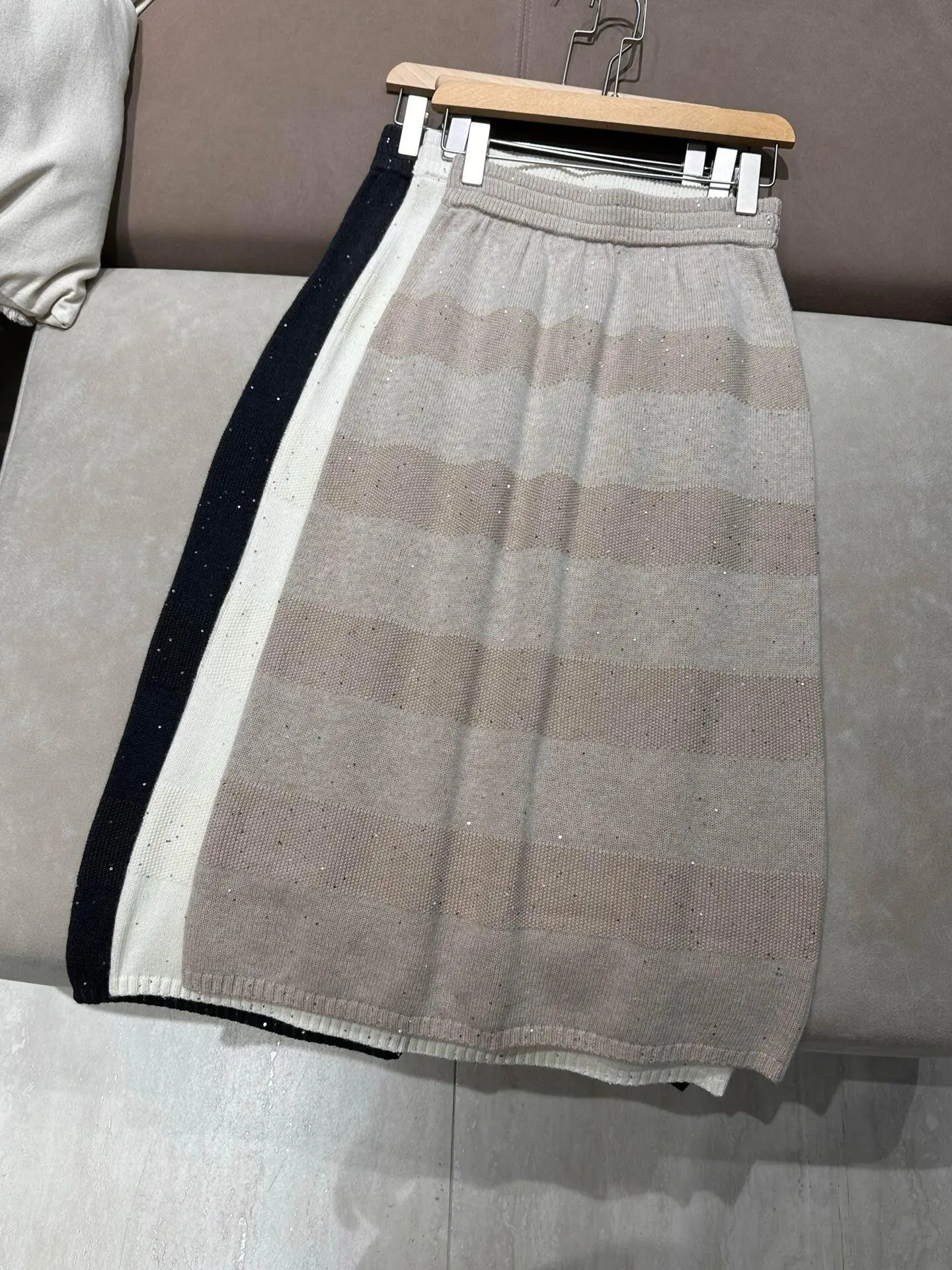Light Luxury Wool Knitted Women Two Piece Set, Starry Sky Bead Striped Shoulder Sweater & Mid Length Skirt, Commuter Outfit