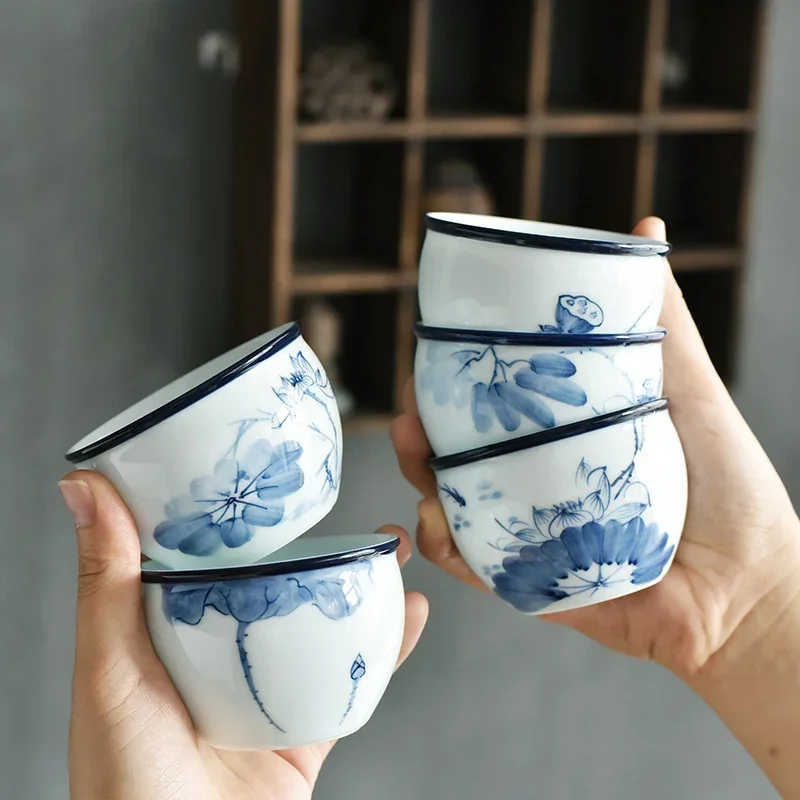 Blue and White Porcelain Teacup Lotus Colored Painting Hand Painted Landscape Tea Accessories Drink Tea Tea Drinking Set