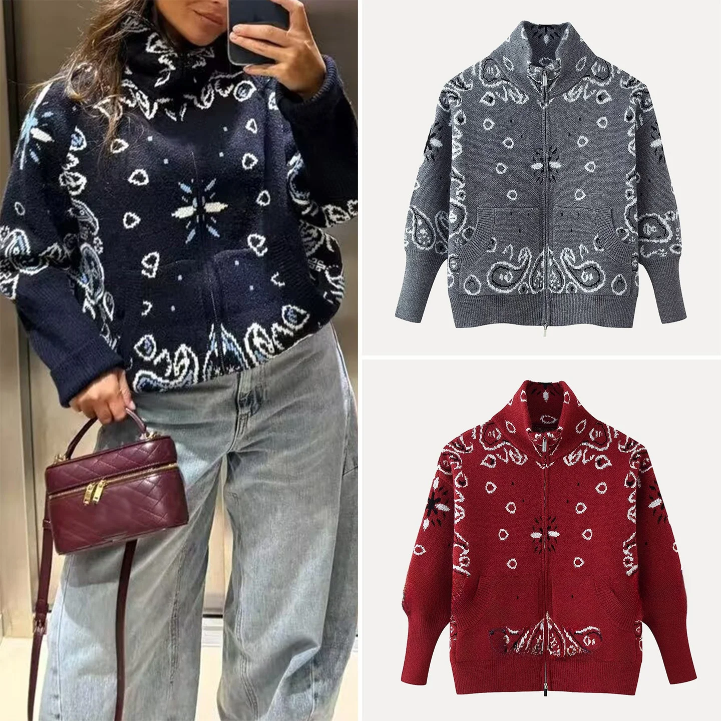 Fashionable Tri-Color Zipper Decorated Long Sleeve Open Cardigan Sweater for Women Spring 2026 Loose Fit Geometric Pattern