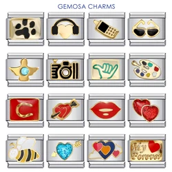 GEMOSA Trendy Glaza Telephone Lips Camera Heart Italian Charm Link Fit 9mm Stainless Steel Bracelet DIY Making Fashion Jewelry