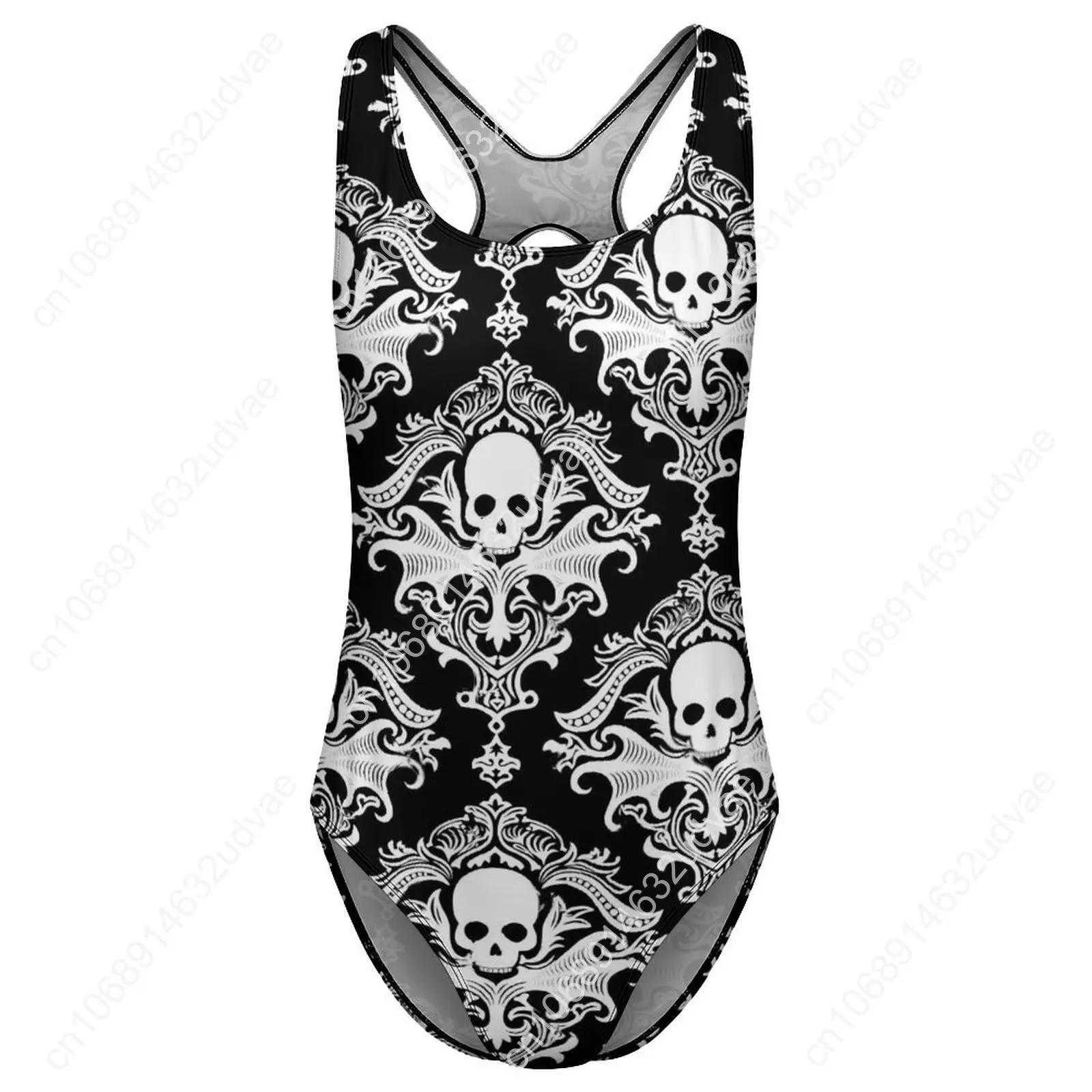 Traje de baño con estampado de calaveras góticas, traje de baño Retro de Damasco, traje de baño de una pieza para vacaciones, trajes de baño para mujer, ropa de playa Sexy con realce