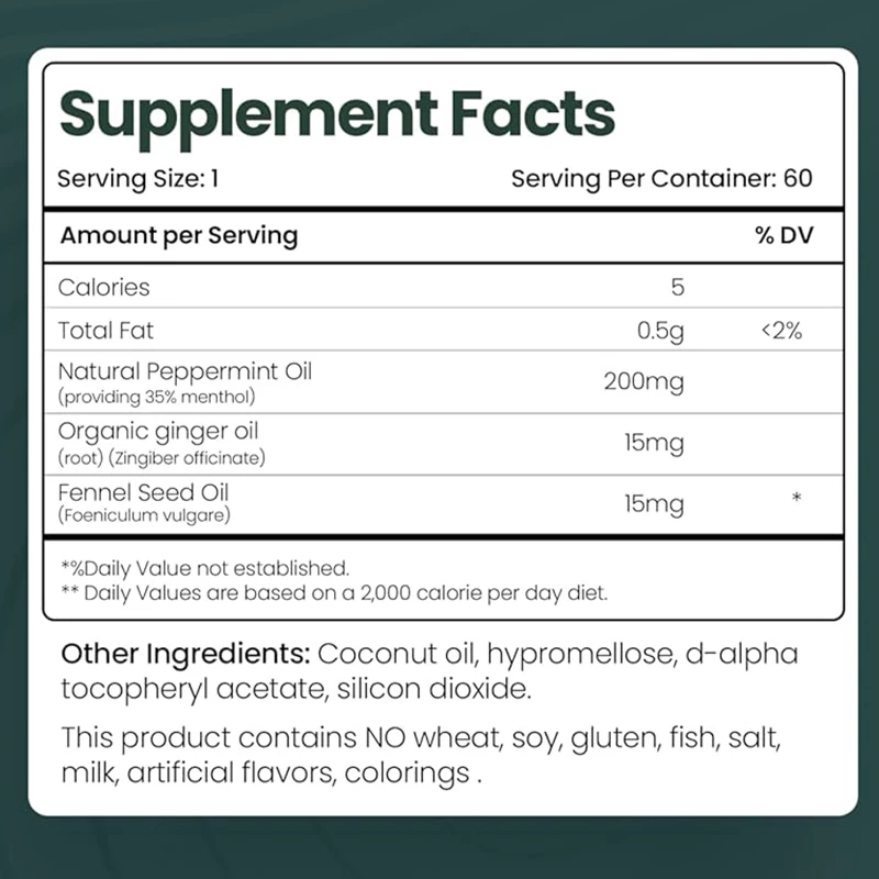 Mint Oil, Organic Ginger Oil, and Fennel Sustained-release - An Edible Dietary Supplement for Digestive Support (60 Capsules)
