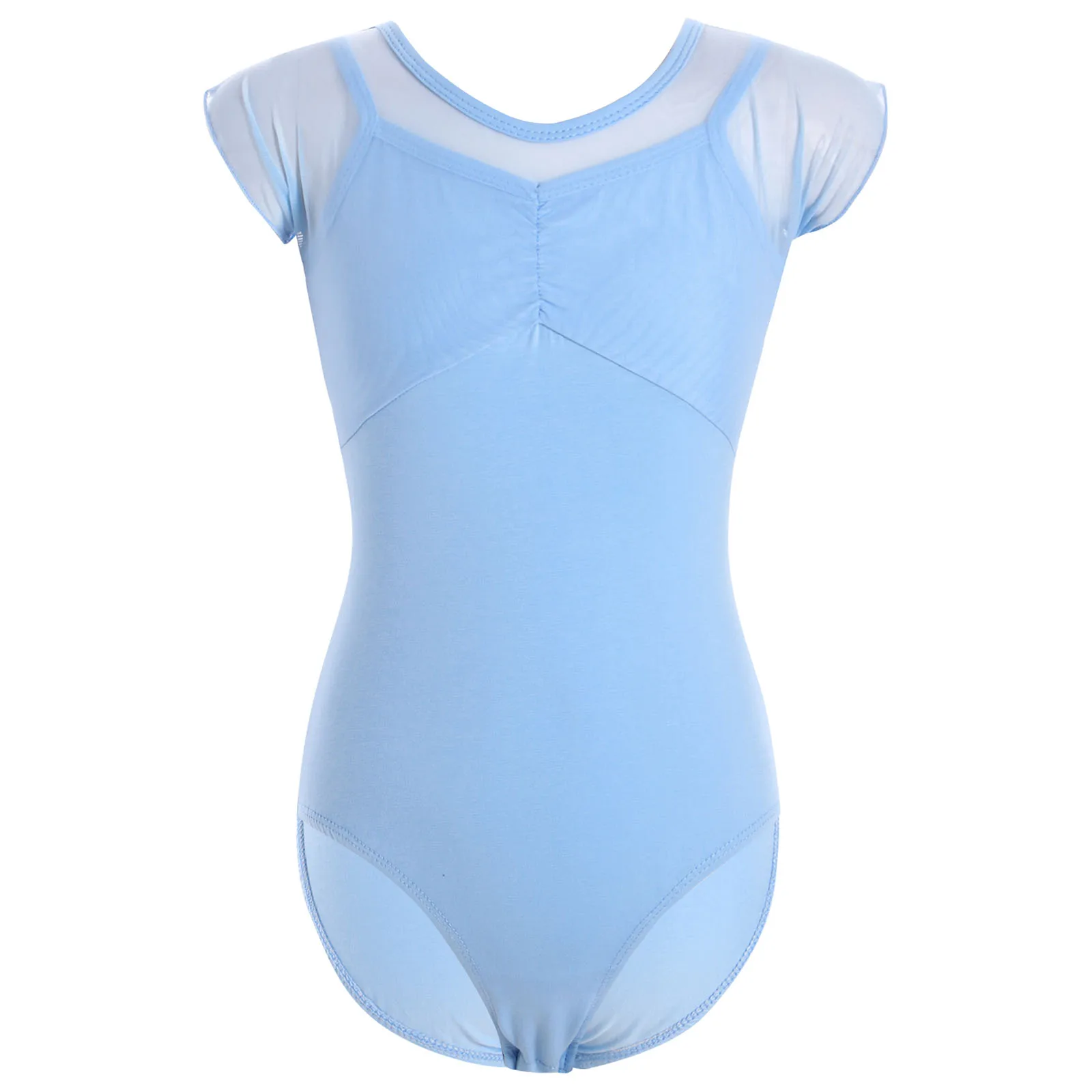 Niños Niñas gimnasia Ballet danza práctica traje de calentamiento recortado espalda malla transparente Patchwork Ballet Jersey leotardo con pantalones cortos