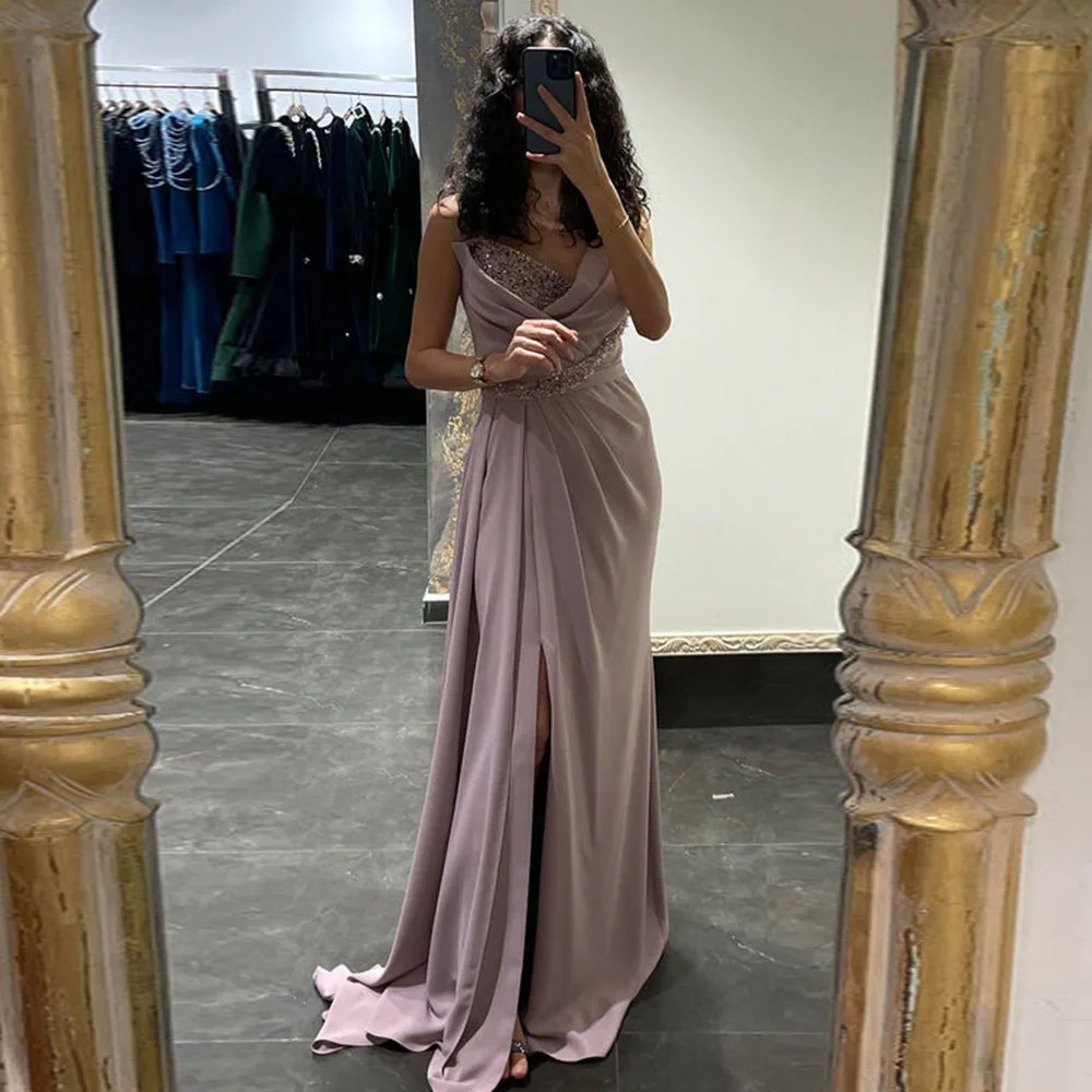 Purple Spaghetti Strap Party Dresses V Neck Floor-Length Beading Mermaid Side Split Ruched Zipper Back Vestido De Noiva 2023