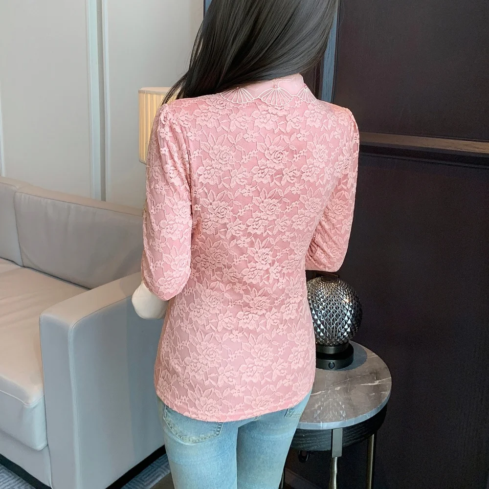 Korean style pink lapel lace blouse women's long sleeved autumn and winter new item high-end fashion plus size casual top
