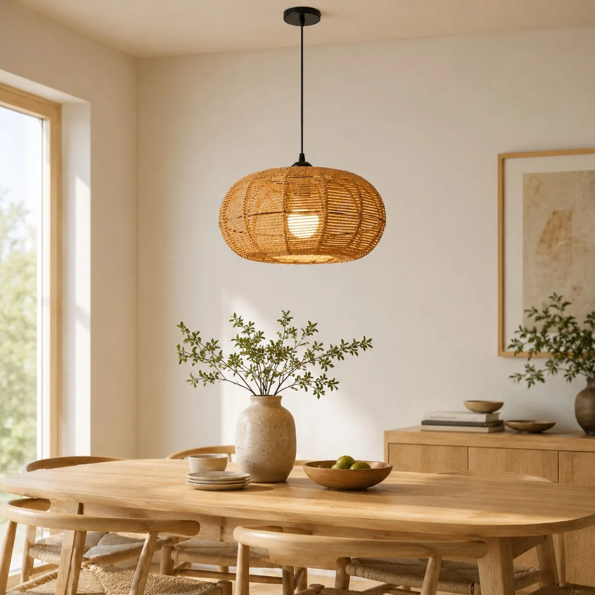 JOYINLED 11.8 Inch Boho Wicker Pendant Light, Hand Woven Rattan Hanging Light Fixture with Adjustable 59in Cord, Farmhouse Chandelier for Dining Room, Kitchen Island, Bedroom, Living Room, Hallway, E26/E27 Base Ceiling Lamp