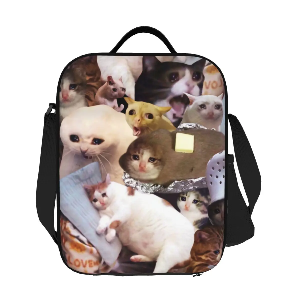 Custom Crying Cat Memes Insulated Lunch Bag for Camping Travel Animal Waterproof Cooler Thermal Lunch Box Women Kids