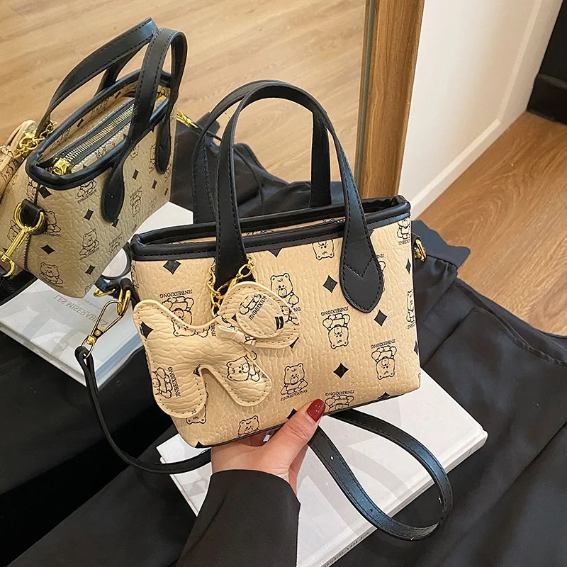 Cute Cartoon Bear Print Mini Tote Bag For Women With Puppy Pendant Portable Top‑Handle Crossbody Bag Small Size Casual Ladies Sh