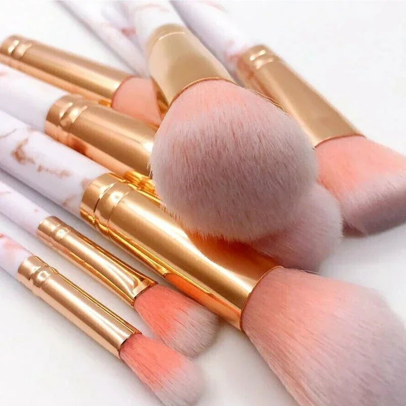 10Pcs Marble Makeup Brushes Face Eye Base Blush Brow Synthetic Brush With Sponge Flocking Puff Cosmetic Tools Daily Make Up Kit