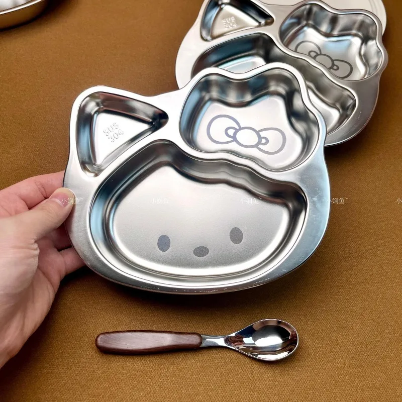 Sanrio Hello Kitty Stainless Steel Dinner Plate Cartoon Lunch Box Creative Fast Food Plate Kindergarten Split Rice Plate