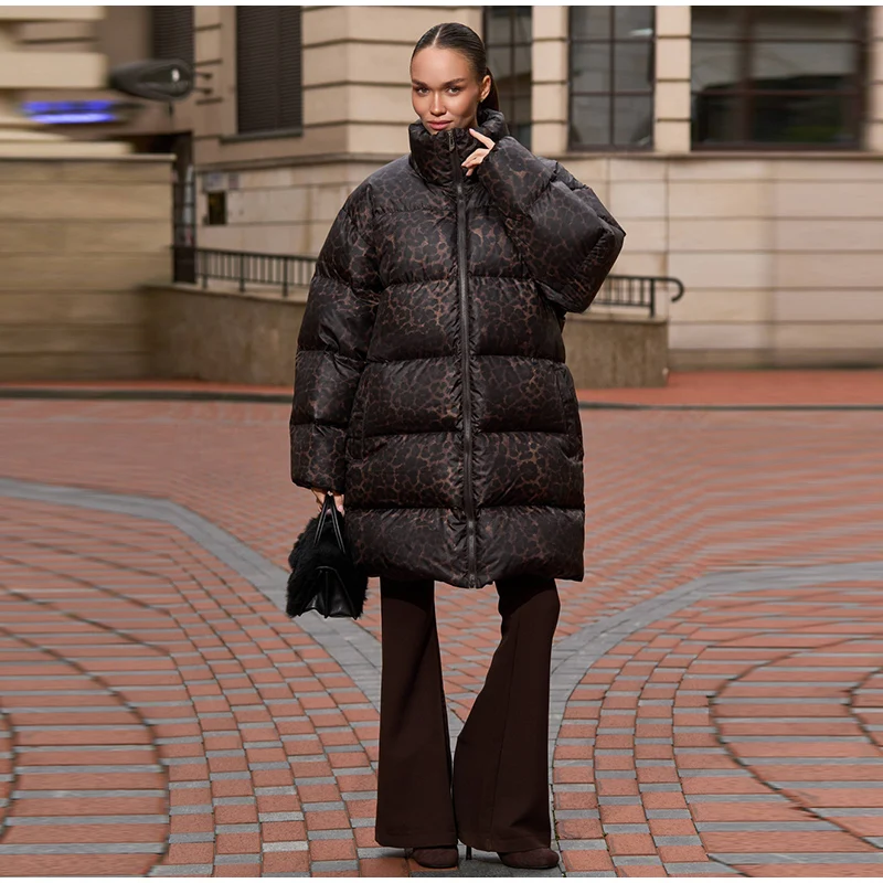 Leopard Print Hooded Puffer Women's Winter Coat Belted Waist Midi Length Padded Jackets for Woman Jacket Warm Streetwear
