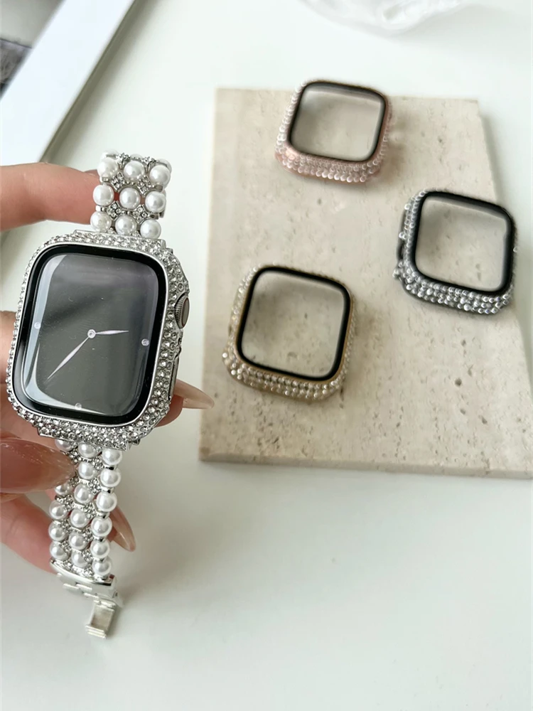 New Screen Protector Case For Apple Watch 41mm 45mm 40mm 44mm Full Diamond Cover Bumper + Glass For iWatch Series 7 6 Se 5 4 3 2