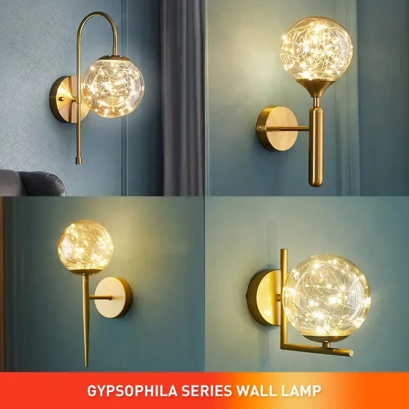 

Скандинавский стеклянный светодиодный настенный светильник Стеклянный шар Светильники Спальня Прикроватная лампа Теплый романтический свет Роскошная гостиная Звезды Лампа для комнаты