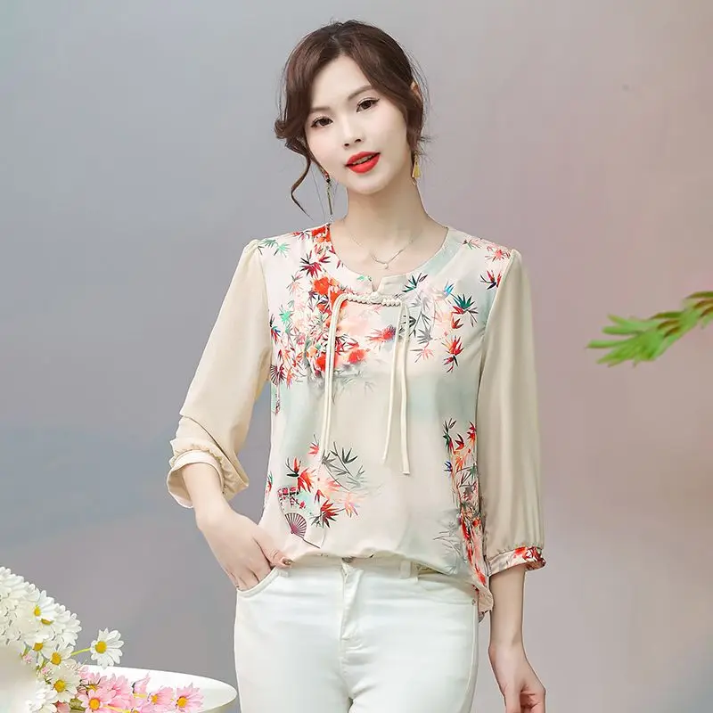 

Plus Size Mother's Summer New Print T-Shirts Senior New Chinese Style Fashionable 7/8 Sleeve Tops Stylish Age-Reducing