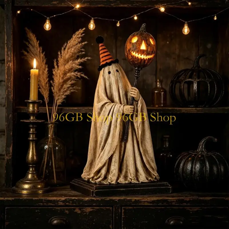 96GB Halloween Spirit Figurine Decor with Lighted Staff, Stable Base Shelf and Mantel Accent for Indoor Seasonal Display