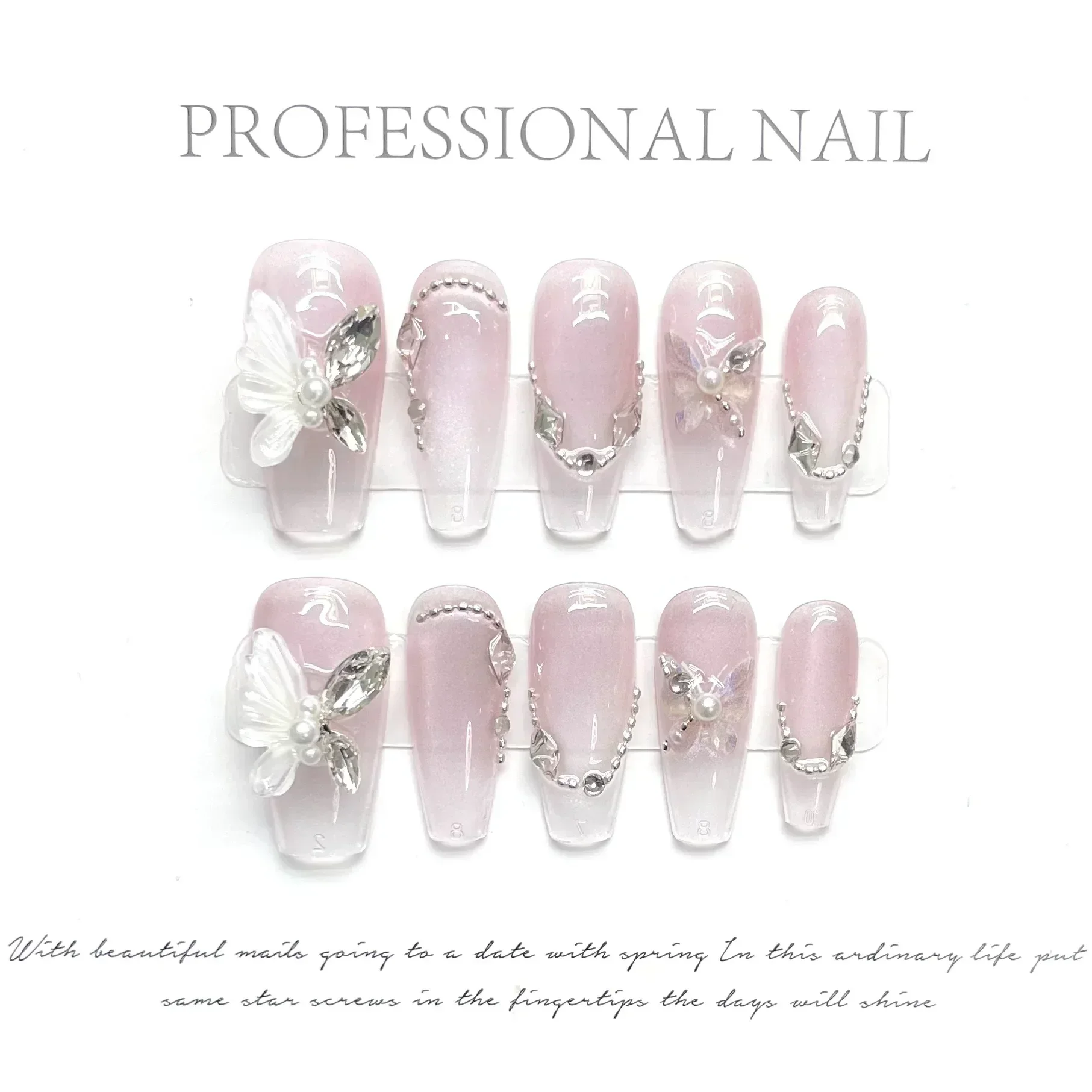 10Pcs Blue Handmade acrylic Nails Set Press on Professional Full Cover Nail Tips Manicure Angel Rose Design Wearable False Nails