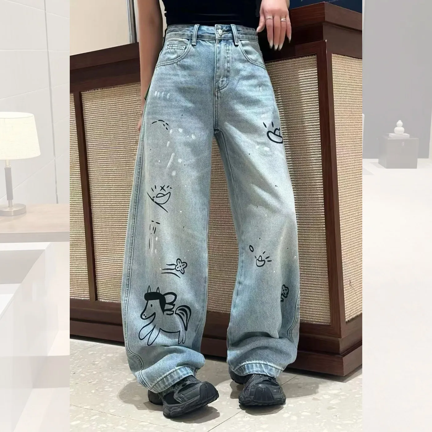 Y2K Ponytail Print Jeans Women American Light Blue Retro Washed Straight Leg Spring High Waist Slimming Wide Leg Pants