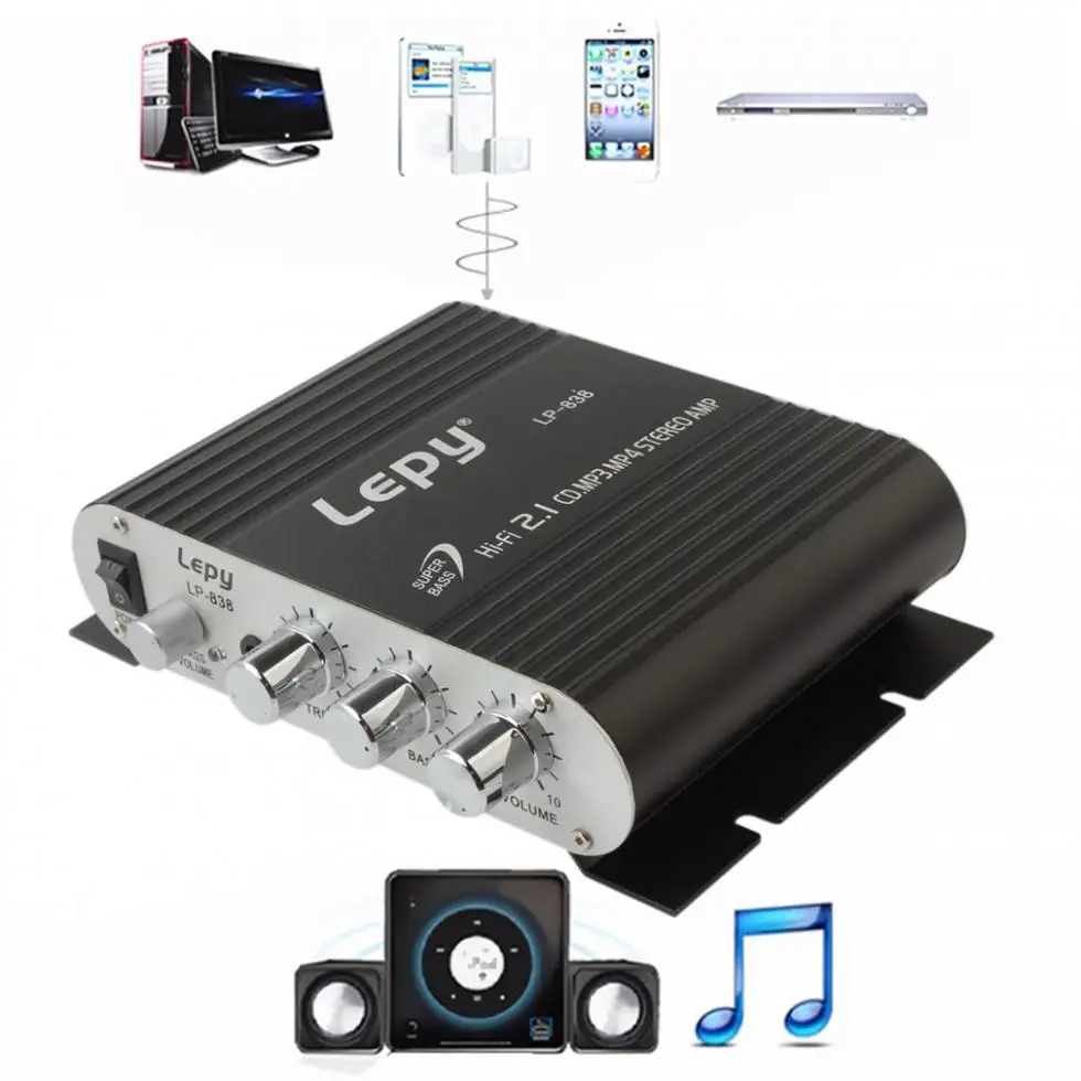 New LP-838 Power Car Amplifier Hi-Fi 2.1 MP3 Radio Audio Stereo Bass Speaker Booster Player for Motorbike Home No Power Plug