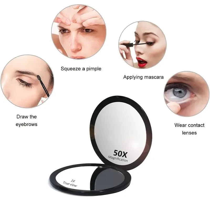 4-Inch 50X Double-Sided Ultra-Thin Pocket Makeup Mirror, 50X Magnification Portable Handheld Round Foldable Makeup Mirror for Women - Black and White, for Applying Lipstick, Removing Acne, Plucking Eyebrows, Applying False Eyelashes, Removing Blackheads, New Model