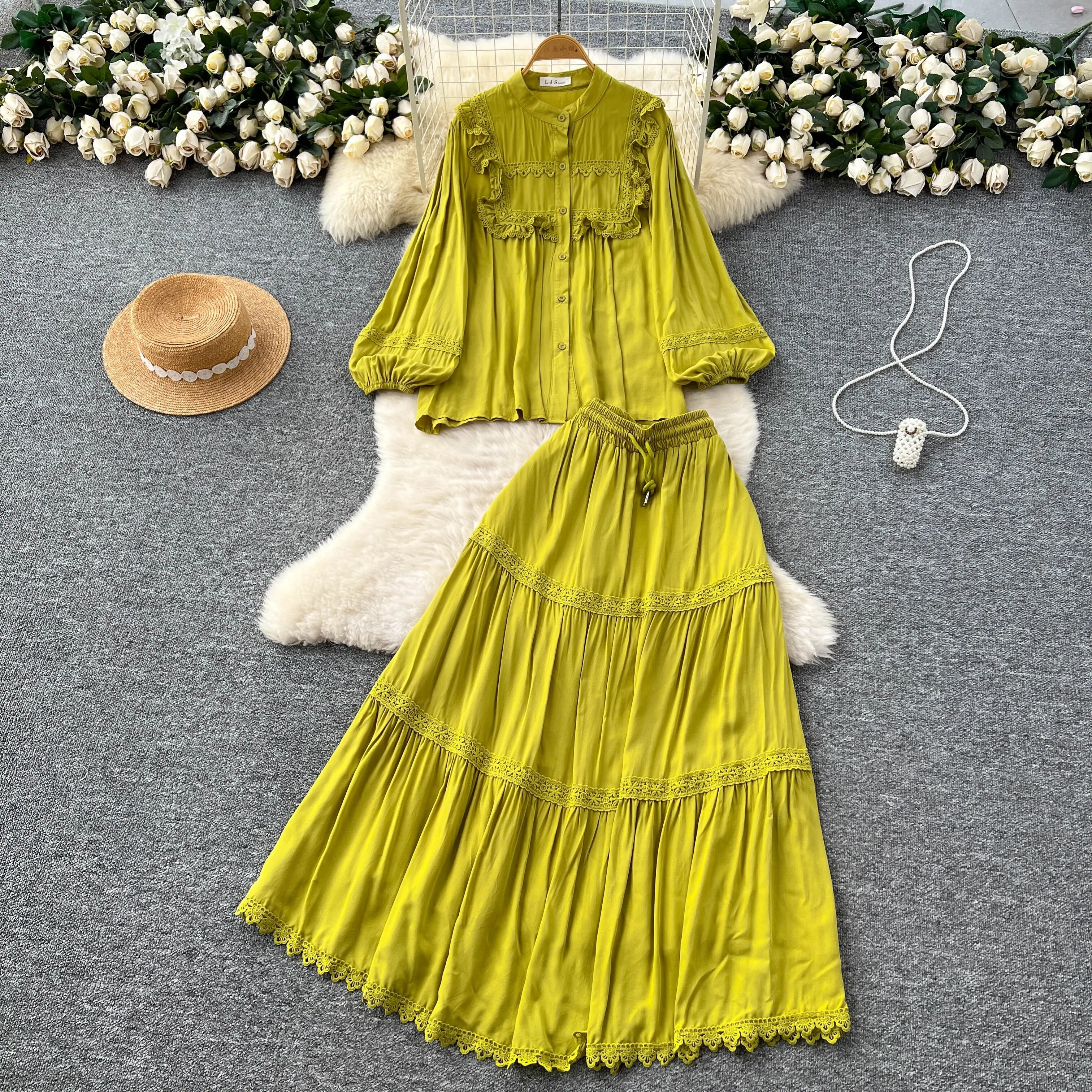 

Chic Elegant vintage slim pleated Single Breasted lace Vacation Party Women fairycore Summer dresses Two Piece Set